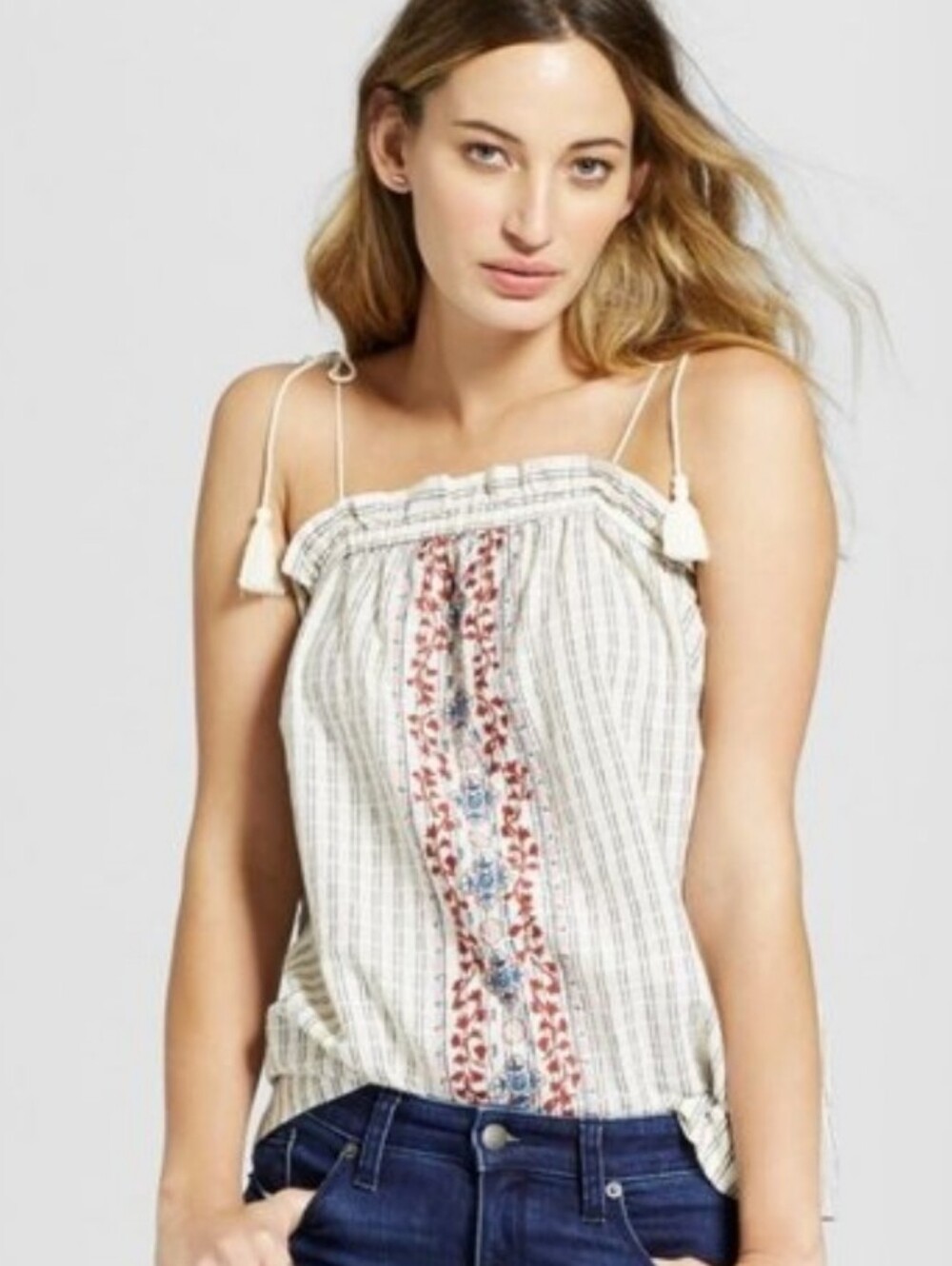 Univerdal Thread Striped Tassel-Shoulder Embroidered Cami Top Size S